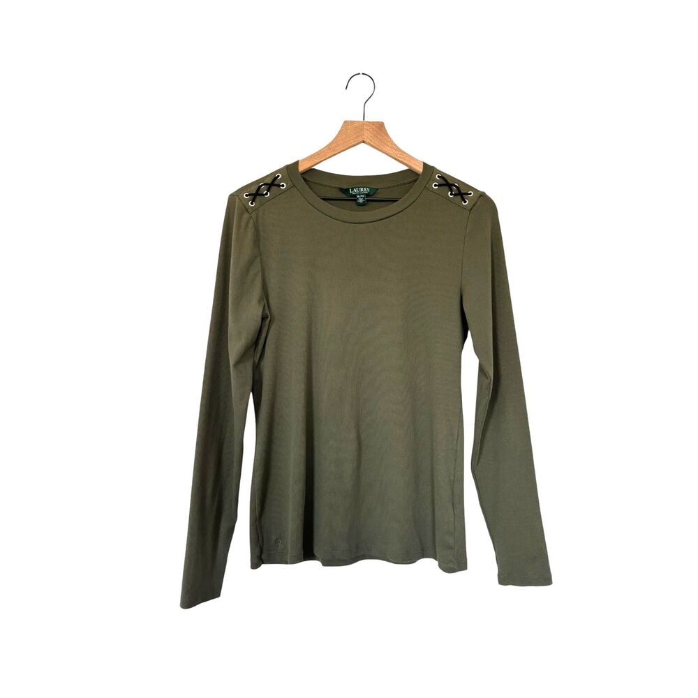 Lauren Ralph Lauren Women's Long Sleeve Crew Neck Top Olive Green Lace Accent XL
